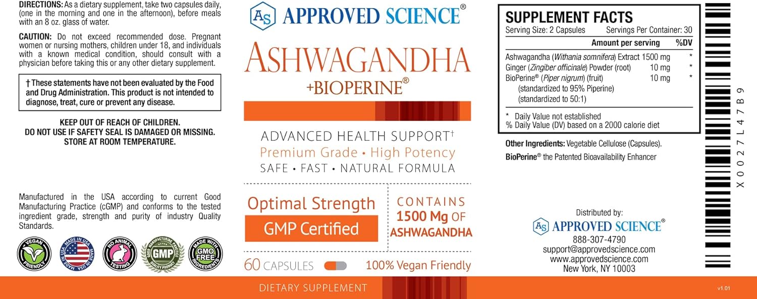 Approved Science Ashwagandha 1500mg with Bioperine® and Ginger - Mood and Energy Support - 60 Vegan Friendly Capsules - 1 Month Supply : Health & Household