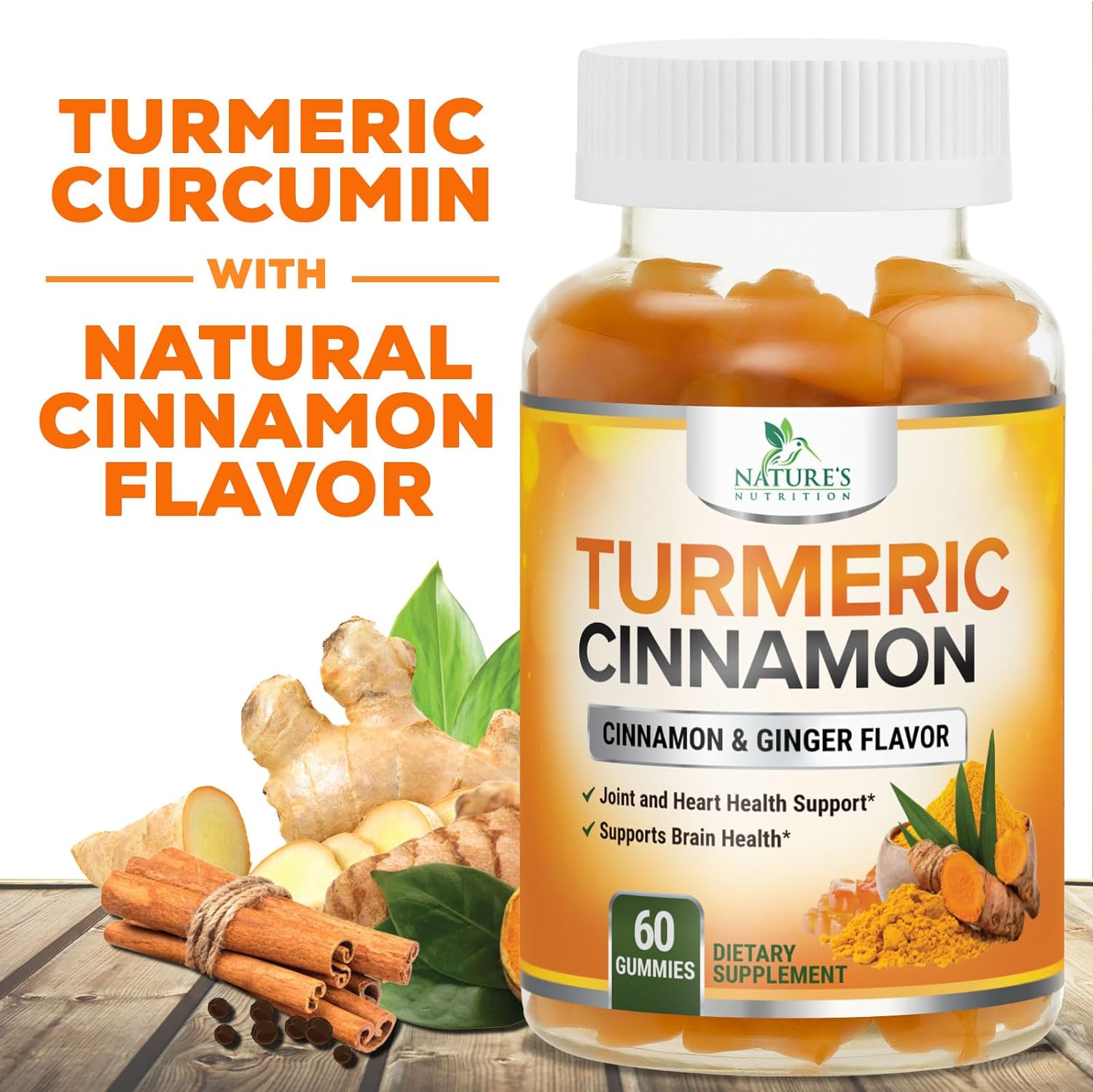 Turmeric Curcumin with Cinnamon & Ginger Gummies 95% Curcuminoids Black Pepper for Max Absorption Joint Support, Nature's Tumeric Herbal Extract Supplement Gummy Capsules, Vegan, Non-GMO - 60 Gummies : Health & Household