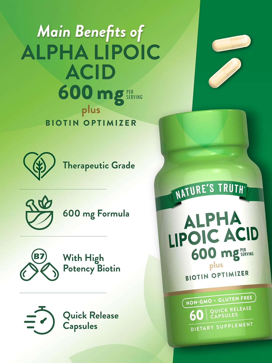 Alpha Lipoic Acid 600mg | Plus Biotin Optimizer | 60 Capsules | Non-GMO & Gluten Free Supplement | by Nature's Truth : Health & Household