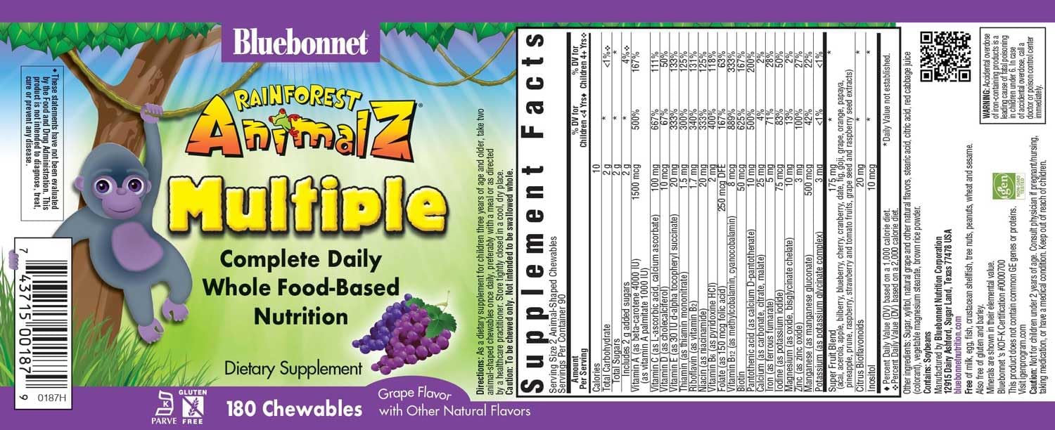 Bluebonnet Nutrition Rainforest Animalz Whole Food Based Multiple Chewable Tablets, Kids Multivitamin & Mineral, Vitamin C, D3, Iron, Gluten Free, Milk Free, Kosher, 180 Chewable Tablets, Grape Flavor : Health & Household