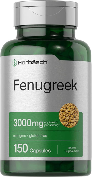 Horbäach Fenugreek Capsules 3000 mg | 150 Count | Non-GMO & Gluten Free Extract | Fenugreek Seeds