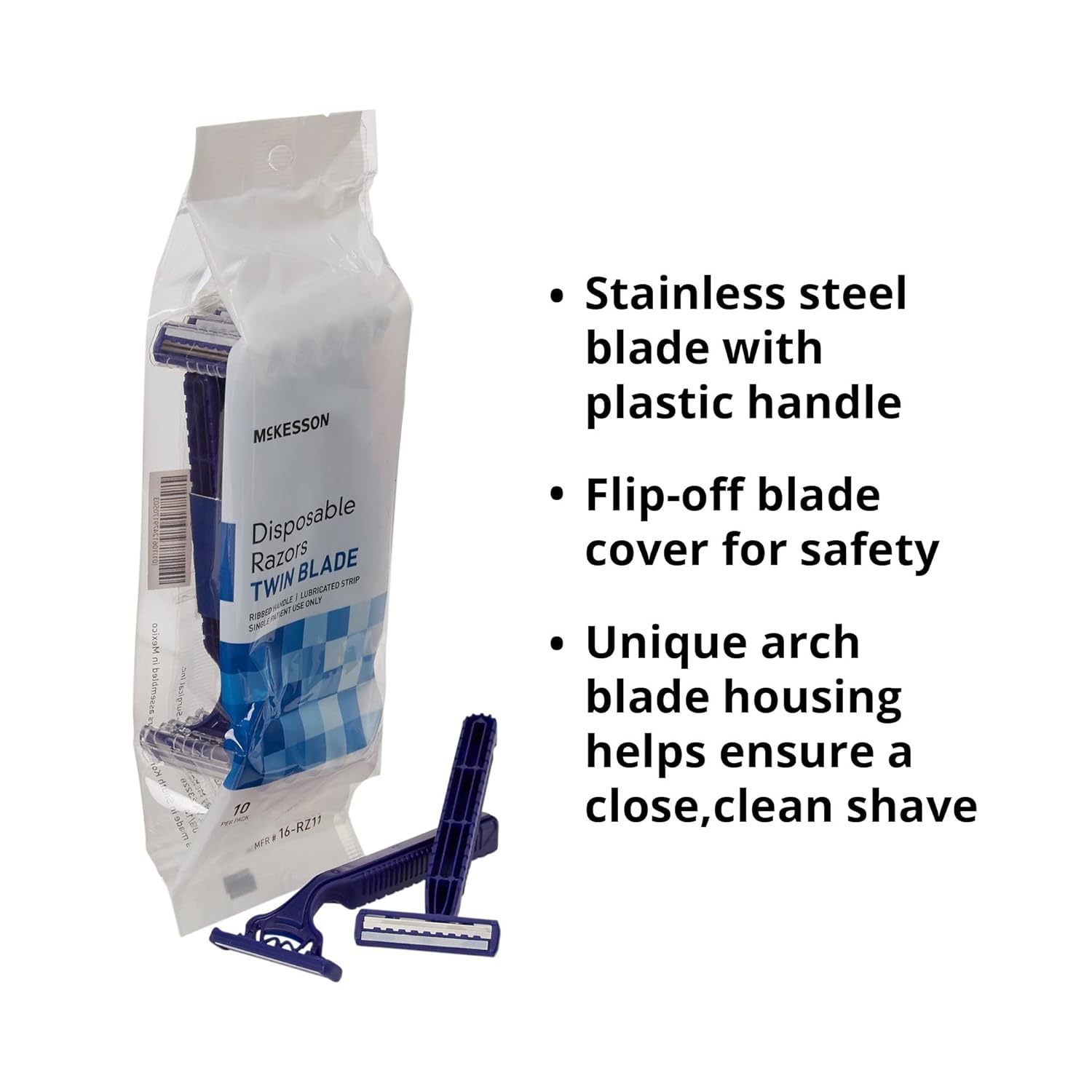 McKesson Disposable Razors, Stainless Steel Twin Blade, Lubricated Strip, Ribbed Handle, Blue, 10 Count, 1 Pack