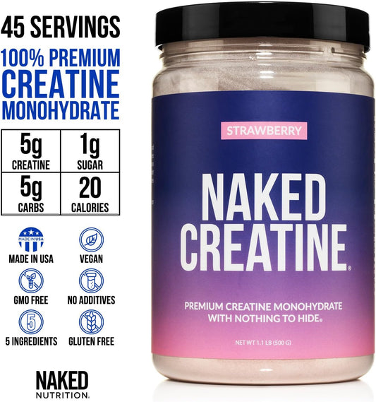 Naked Creatine - Strawberry Flavored Creatine Monohydrate - Real Strawberry Powder, Nothing Artificial, Muscle Growth, Vegan, Non-Gmo, Gluten Free, Soy Free - 45 Servings