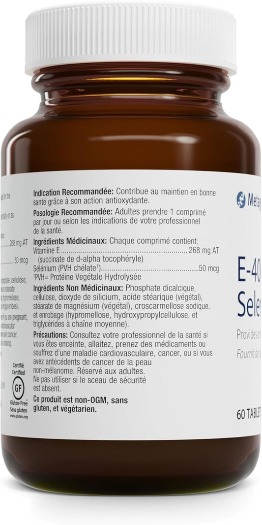 Metagenics E-400 Selenium - Antioxidant & Vit E Support* - Non-Gmo, Gluten-Free, Vegetarian - Contains 50 Mcg Selenium, 268 Mg Vitamin E & 97 Mg Calcium - 60 Tablets