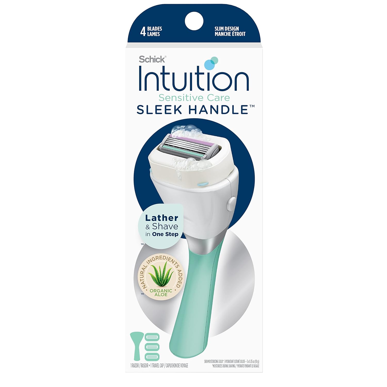 Schick Intuition Sleek Razors For Women With Sensitive Skin | 1 Razor & 3 Intuition Razor Blades Refill With Organic Aloe