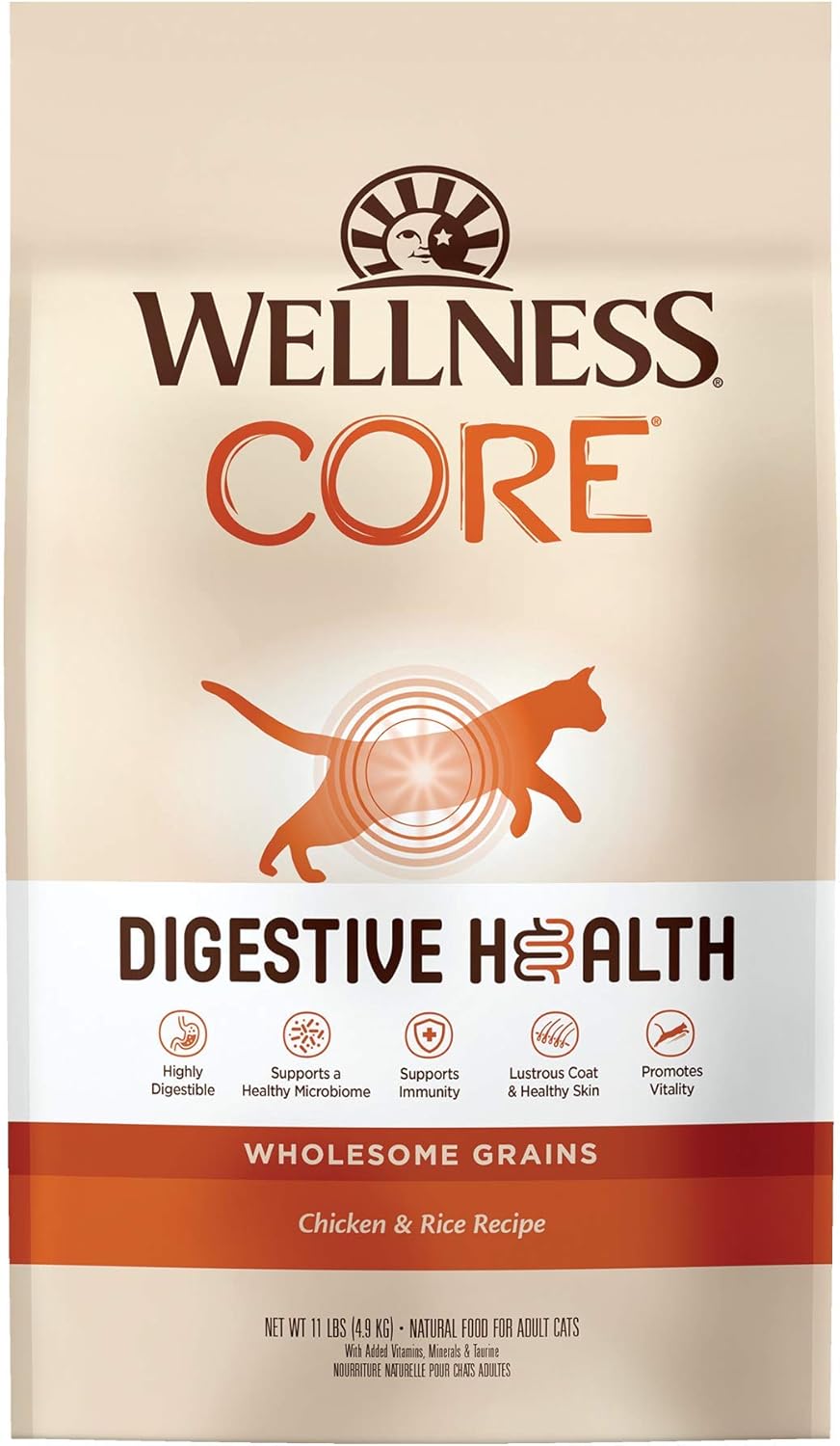 Wellness Core Digestive Health Wholesome Grains Probiotic Coated High Protein Dry Cat Food, Chicken & Rice Dry Cat Food, 11 Pound Bag