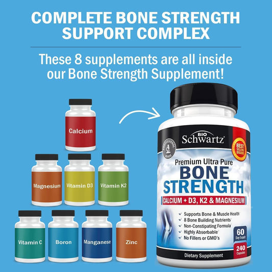 Bone Strength Supplement With Calcium Magnesium Vitamin D3 K2 Zinc (60 Day Supply) 8 Bone Building Nutrients For Bone & Muscle Support - High Absorption Non-Constipating Formula - 240 Veggie Capsules