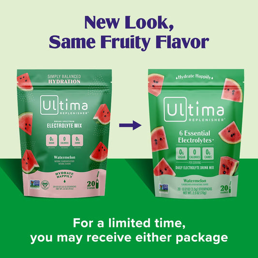 Ultima Replenisher Daily Electrolyte Drink Mix – Watermelon, 20 Stickpacks – Hydration Packets With 6 Electrolytes & Trace Minerals – Keto Friendly, Vegan, Non-Gmo & Sugar-Free Electrolyte Powder