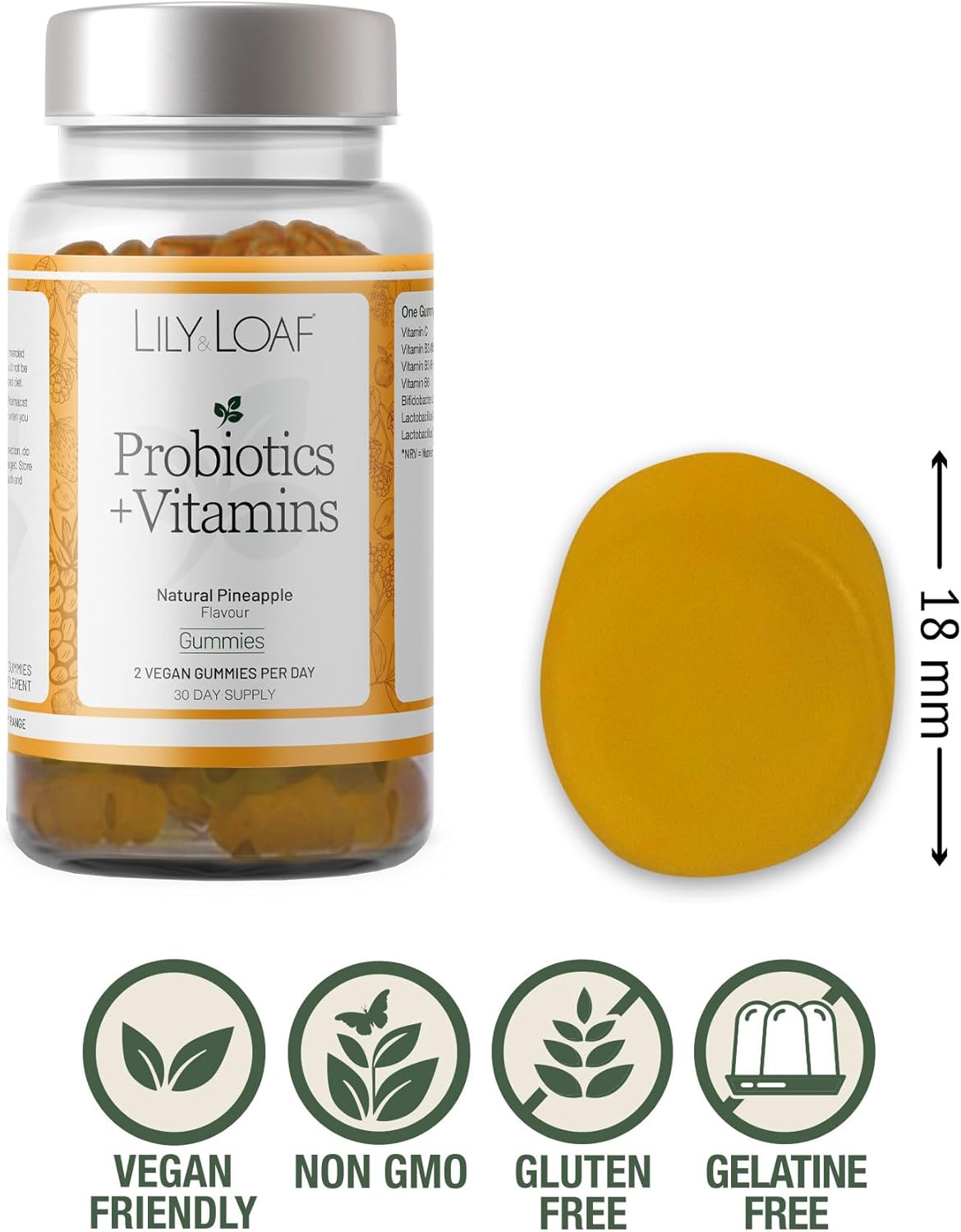 Lily & Loaf Probiotic + Vitamins Gummies – Pineapple Flavor – Gut Health & Immune Support – Vegan – 60 Gummies – 30 Day Supply