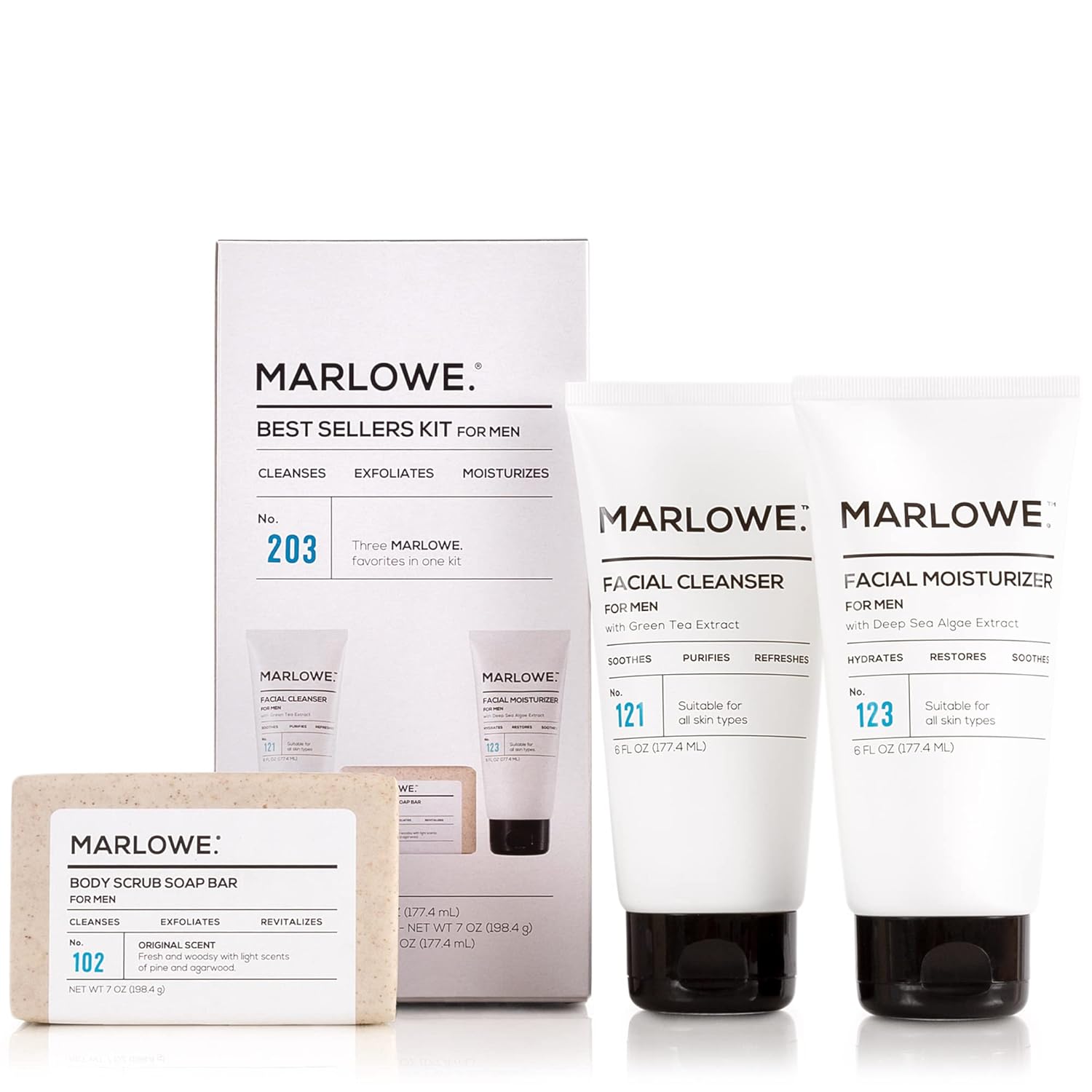 Marlowe. Best Sellers Kit No. 203, Features Signature No. 102 Original Body Scrub Soap Bar, No. 121 Facial Cleanser & No. 123 Facial Moisturizer, Great Gift For Men