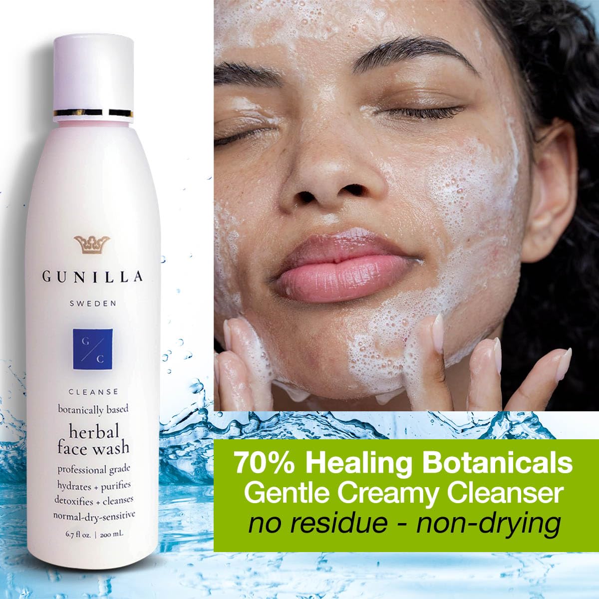 Gunilla Herbal Face Wash - Very Gentle Daily Cream Cleanser For Dry, Normal, Sensitive Skin. Removes Dirt, Oil & Impurities. Plant-Based. Vegan. Natural. Concentrated 6.7 Oz : Beauty & Personal Care