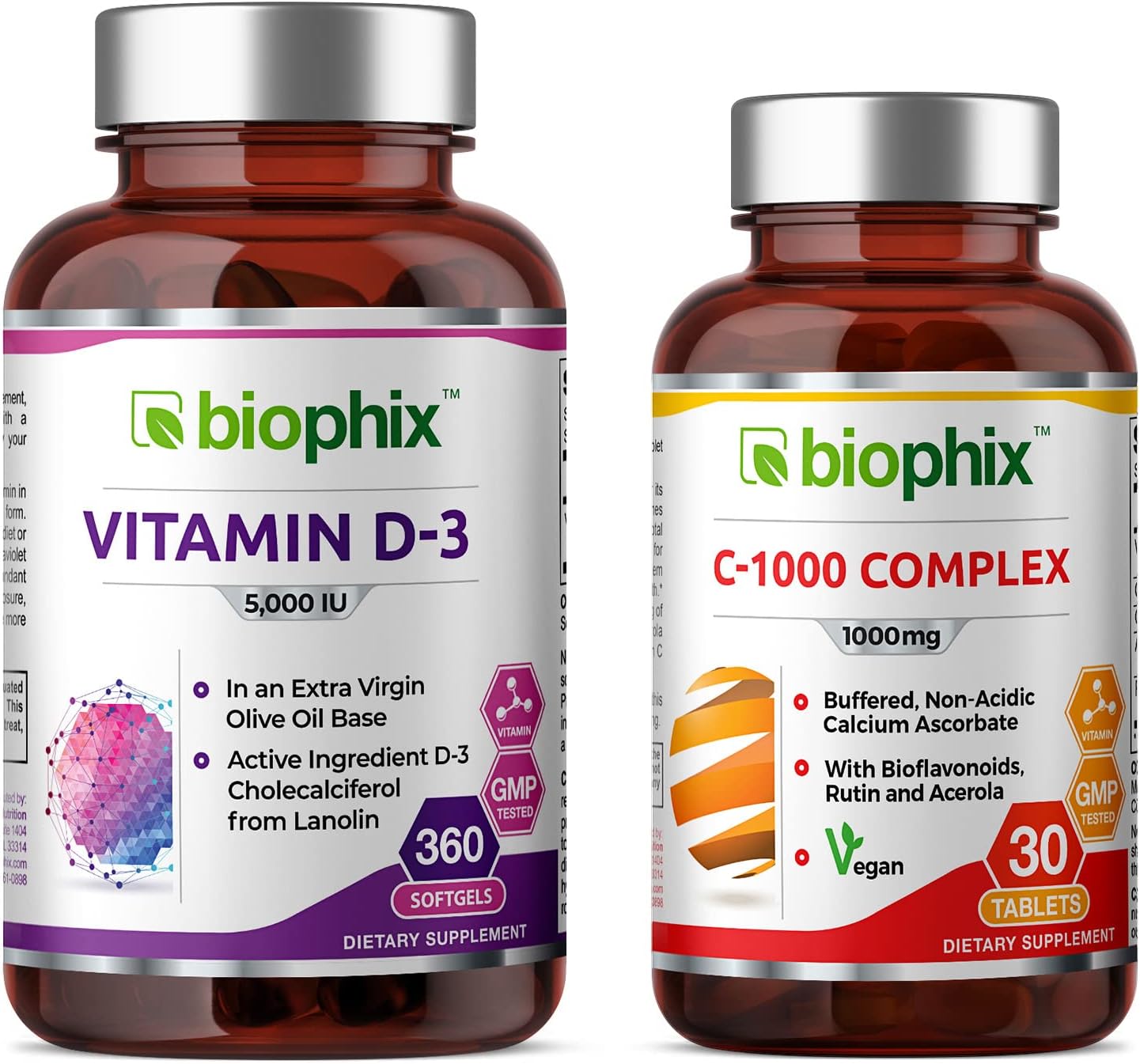 Biophix Vitamin D-3 5000 Iu 360 Softgels - Free Vitamin C-1000 30 Tablets - High-Potency In Extra Virgin Olive Oil Non-Gmo Soy-Free Supports Strong Bones Immune Health : Health & Household