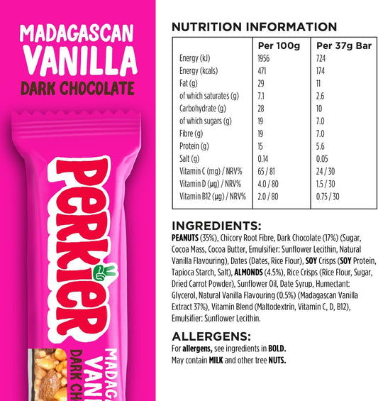 Perkier Madagascan Vanilla Dark Chocolate Bars (15 Bars), Vegan, Gluten Free, Protein, High Fibre, Lower Sugar Snack, Natural Ingredients, Lower Calorie, Healthy, No Palm Oil, Nut Bar, Carbon Neutral