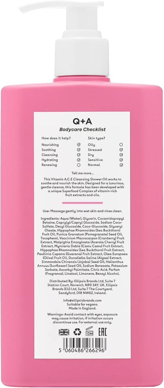 Q+A Vitamin A.C.E Cleansing Shower Oil (250Ml), Cleansing Oil Shower Gel Alternative, Body Care, Hydrating Body Wash With Berry & Sea Buckthorn Oils, Tropical Mango & Guava Scent, Moisturises, Soothes