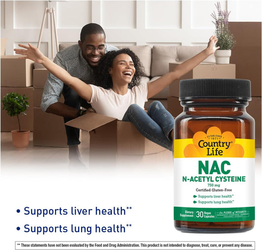 Country Life N-Acetyl Cysteine (Nac) 750 Mg – Premium Liver Support And Lung Health Supplement – Powerful Antioxidant Protection, Liver Detox & Cleanse, Immune Support, 30 Vegetarian Capsules
