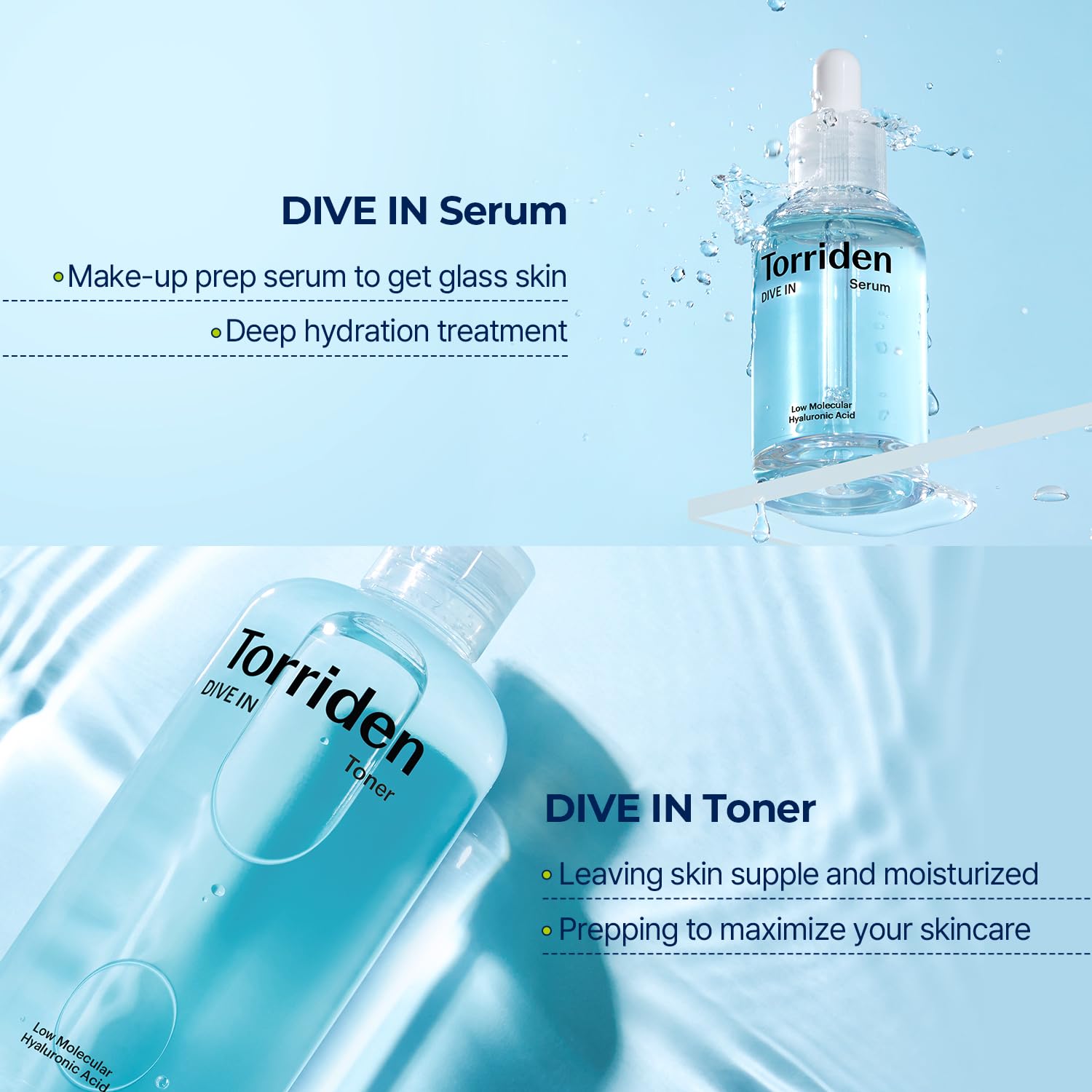 TORRIDEN Dive-in Low-molecular Hyaluronic Acid Serum 1.69 fl oz + Toner 10.14 fl oz | Vegan Clean Cruelty Free Facial Ampoule Moisturizer Astringent Alcohol-Free Fragrance-Free : Beauty & Personal Care