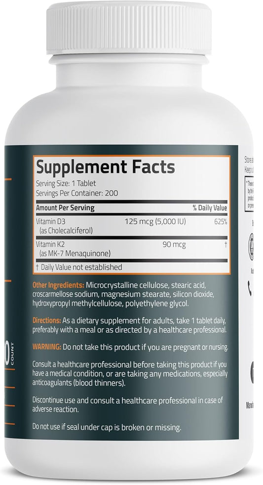 Bronson Vitamin K2 D3 (Mk7) Supplement Non-Gmo Formula Vitamin D3 5000Iu (125 Mcg) & 90 Mcg K2 Mk-7, Easy To Swallow D & K Complex, 200 Tablets
