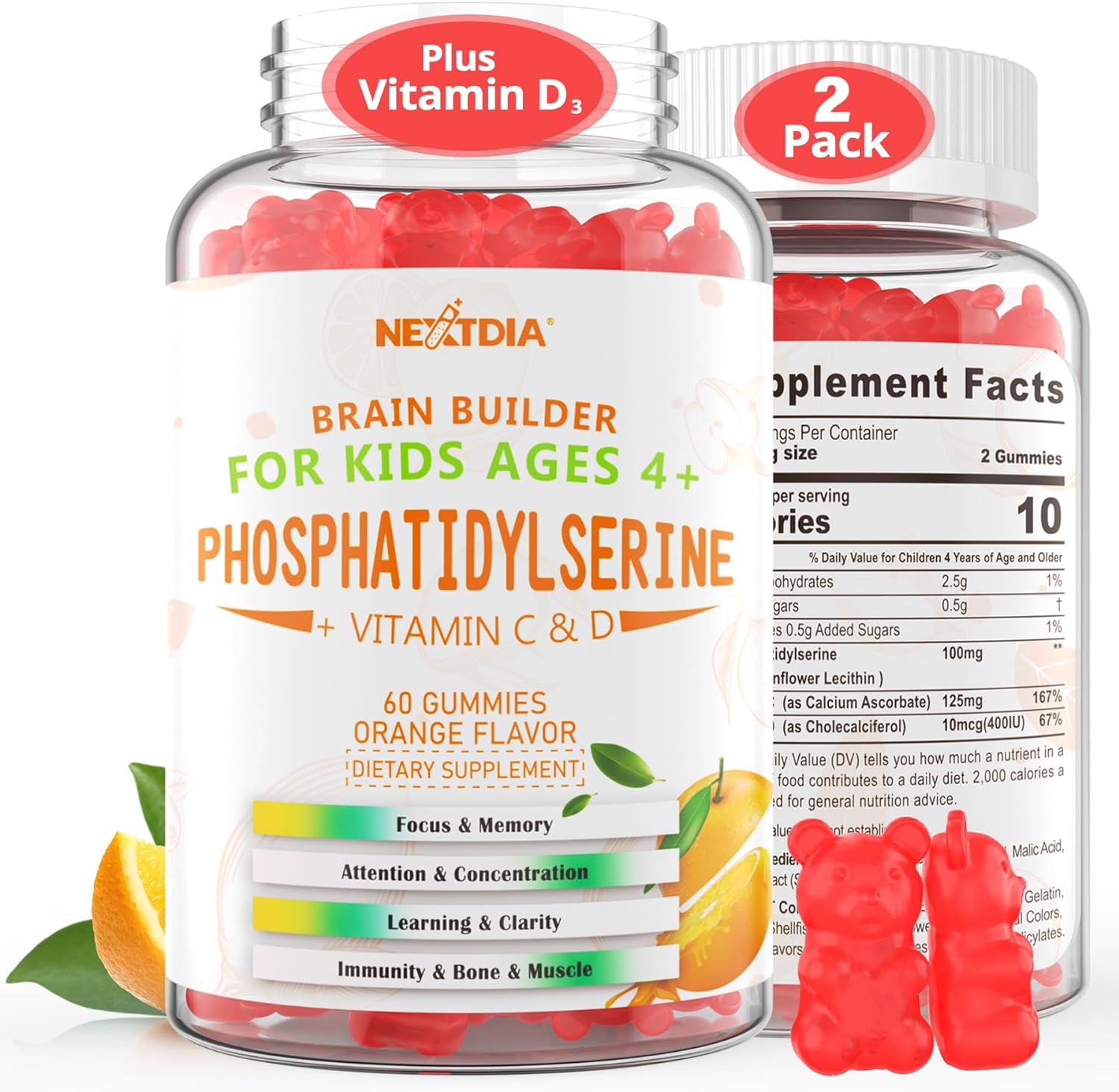 Phosphatidylserine Supplement for kids, Brain Focus Gummies, Phosphatidylserine 100mg + Vitamin D3 400IU, Vitamin C for Memory, Attention, Cognition, Bone & Immune Support, Tasty Orange Flavor, 120Cts