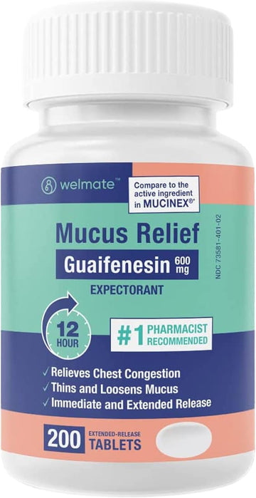 Welmate | Mucus Relief | Guaifenesin 600Mg | 12 Hr Support | Temporary Relief From Cough, Nasal & Chest Congestion, Infections, Colds, & Allergies | Expectorant | Extended-Release Tablets | 200 Ct