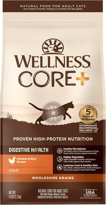 Wellness Core+ Digestive Health Wholesome Grains Probiotic Coated High Protein Dry Cat Food, Chicken & Rice Recipe, 5 Pound Bag