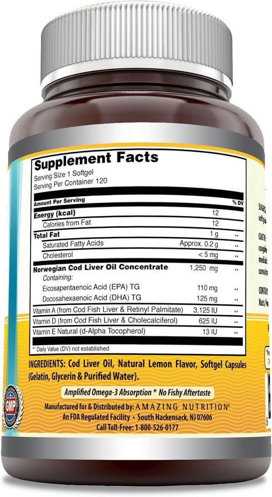 Amazing Omega Norwegian Cod Liver Oil 1250 Mg 120 Softgels Supplement (Fresh Orange Flavor)