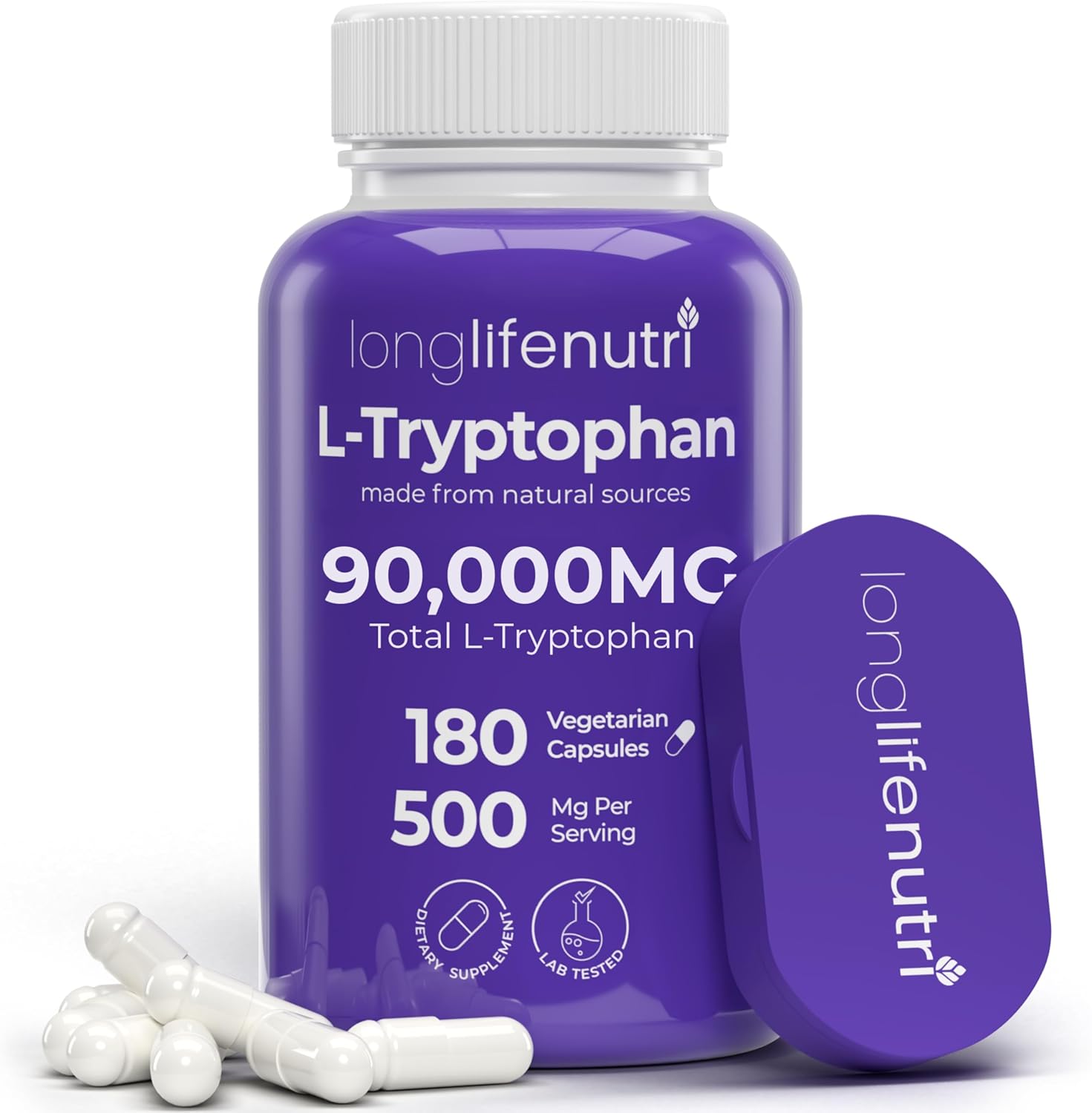 L-Tryptophan 500Mg – 180 Vegetarian Capsules, 6-Month Supply, For Sleep Aid And Mood Stability, Lab Tested, Made In Usa, Non-Gmo