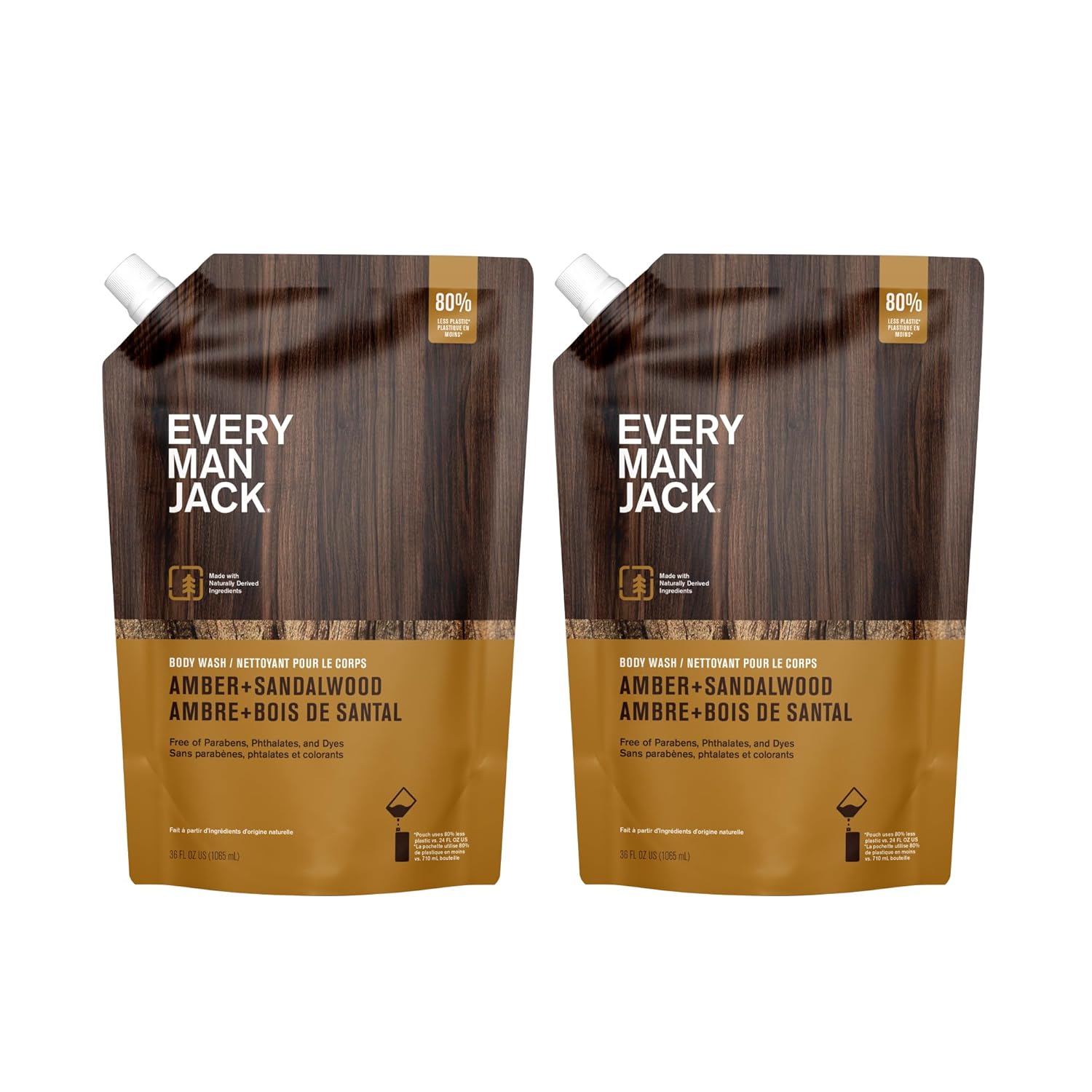 Every Man Jack Amber + Sandalwood Mens Body Wash Refill Starter Pouch - Cleanse, Nourish, And Hydrate Skin - Naturally Derived Ingredients - Paraben Free, Phthalate Free, Dye Free - (2-36Oz Pouches)