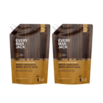 Every Man Jack Amber + Sandalwood Mens Body Wash Refill Starter Pouch - Cleanse, Nourish, And Hydrate Skin - Naturally Derived Ingredients - Paraben Free, Phthalate Free, Dye Free - (2-36Oz Pouches)