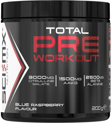 Sci-Mx - Total Pre Workout - Blue Raspberry Flavour - 2500Mg Beta Alanine • 3000Mg Citrulline Malate • 200Mg Caffeine • Niacin For Fatigue - 200G