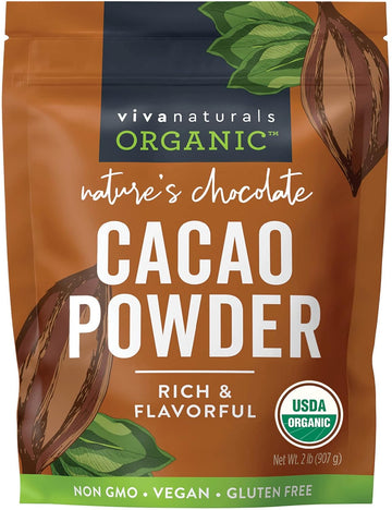 Viva Naturals Organic Cacao Powder, 2Lb - Unsweetened Cocoa Powder With Rich Dark Chocolate Flavor, Perfect For Baking & Smoothies - Certified Vegan, Keto & Paleo, Non-Gmo & Gluten-Free, 907 G