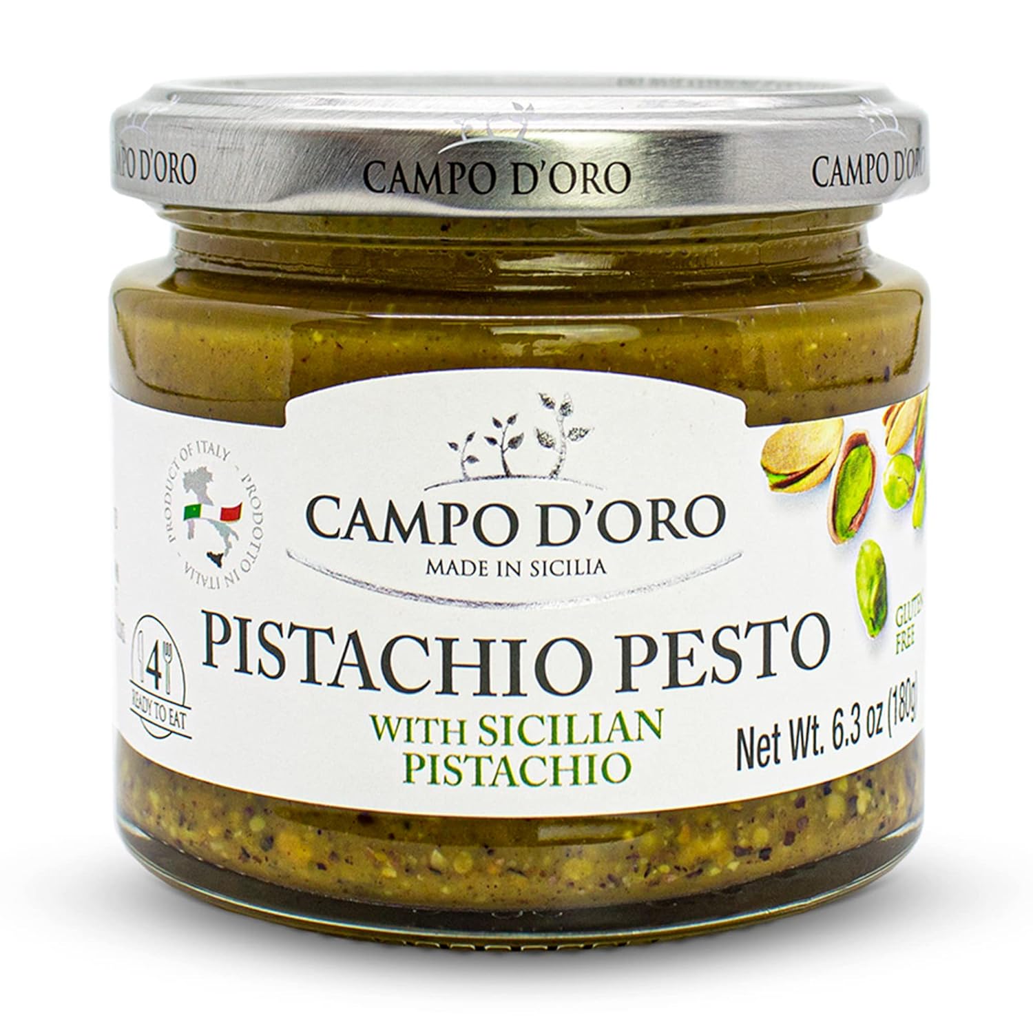 Pistachio Pesto, Paste, Unsweetened, Sicilian Pesto Sauce, Savory, Creamy, Spreadable, 6.35Oz, Sicily, Italy. By Campo D'Oro