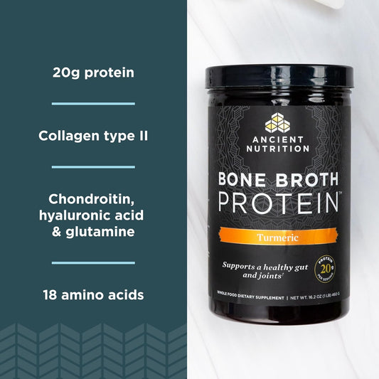 Ancient Nutrition Grass Fed, Cage Free, Bone Broth Protein Powder, 20G Protein, Hydrolyzed Collagen Peptides, Keto & Paleo Friendly, Supports Joint & Gut Health, Turmeric, 20 Servings