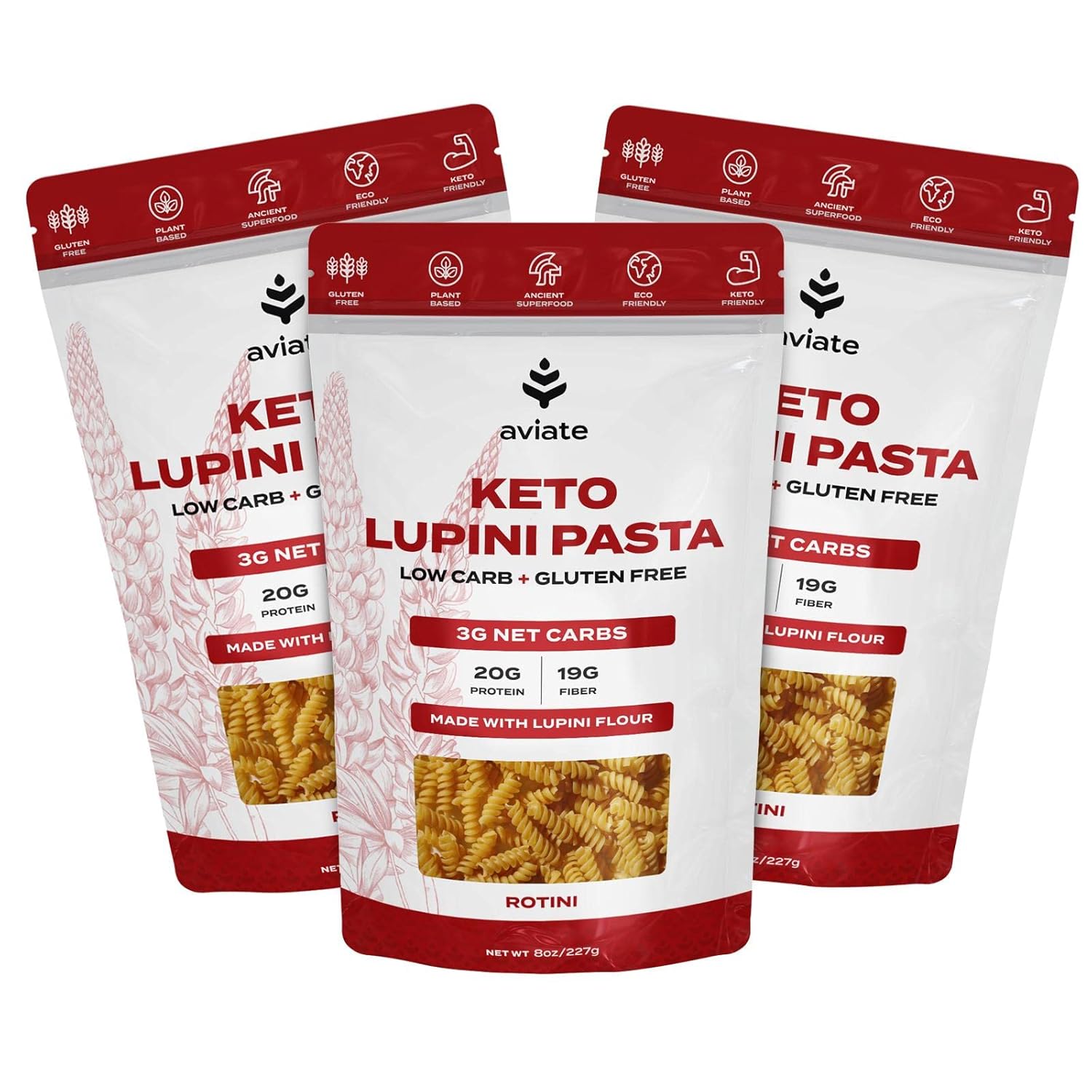 Aviate Keto Pasta Rotini - Low Carb (3G Net) Lupini Noodles, High Protein (20G), Gluten-Free, Made With Lupin Flour, Plant Based Vegan, Keto-Friendly, Low Carb - Rotini (8Oz) (Pack Of 3)