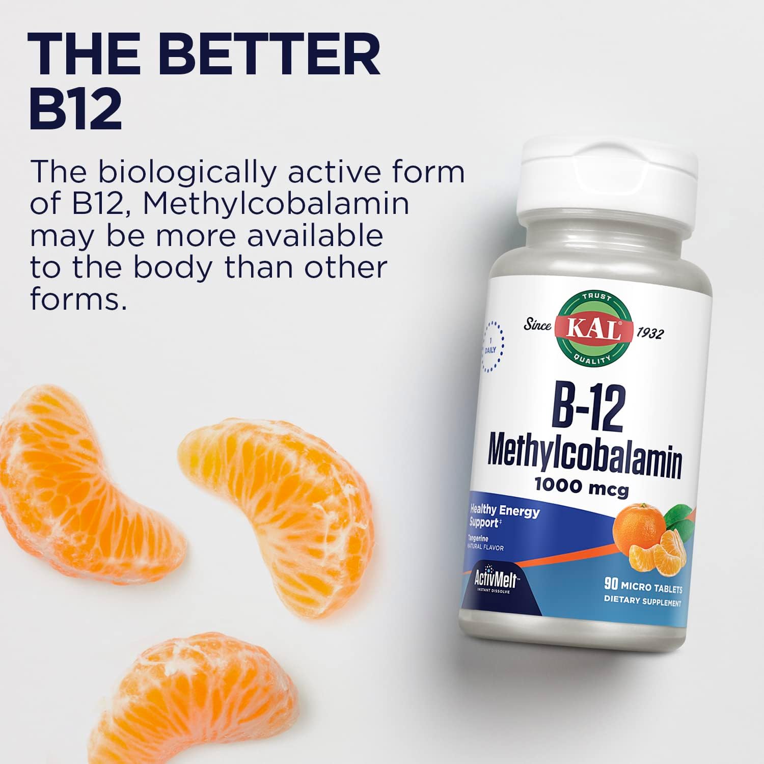 KAL Vitamin B12 Methylcobalamin 1000mcg, Healthy Energy, Metabolism, Nerve & Red Blood Cell Support,* Fast Dissolve ActivMelt, Optimal Absorption, Natural Tangerine Flavor, 90 Servings, 90 Micro Tabs : Health & Household