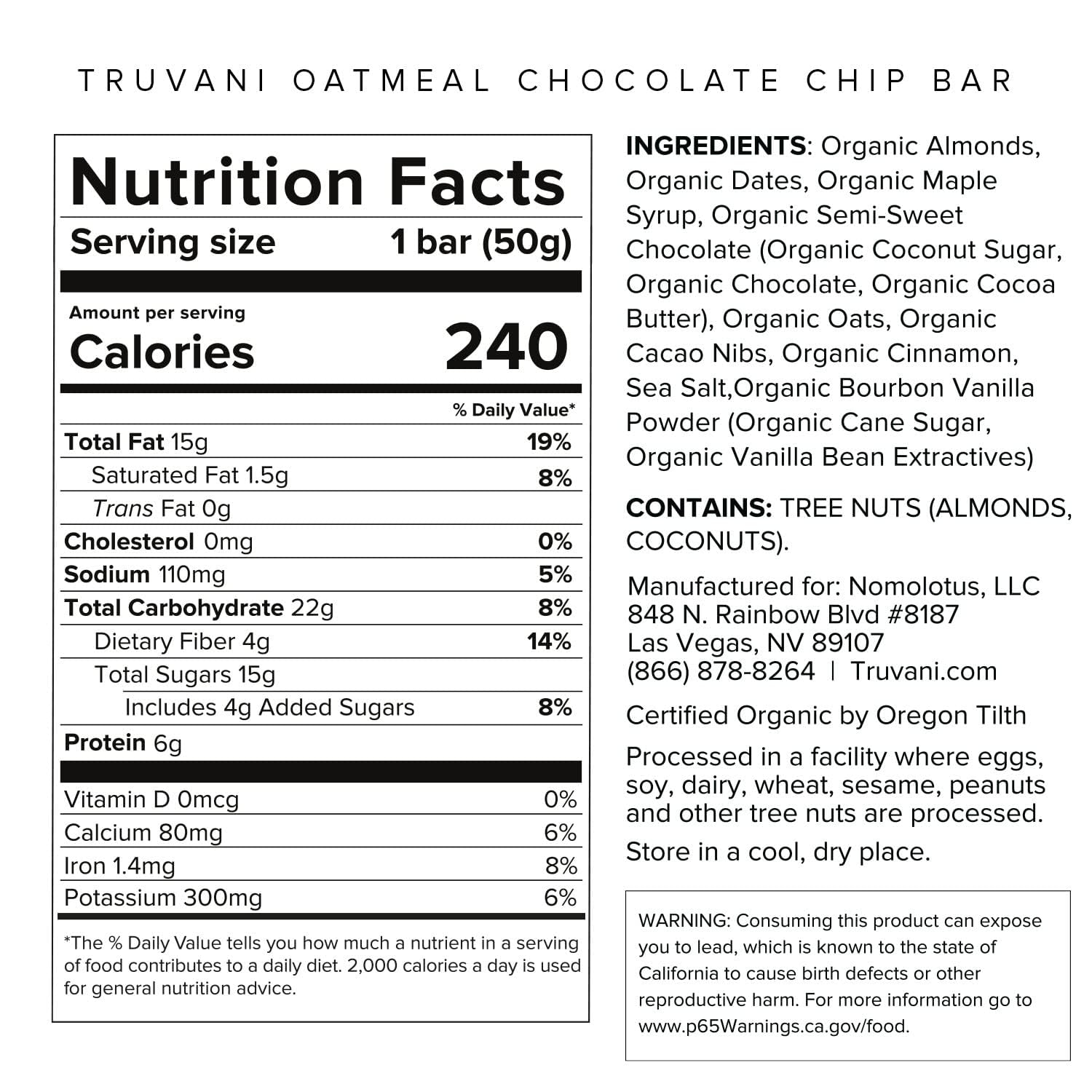 Truvani Plant Based Snack Bars | 6g Protein | 4 Pack Oatmeal Chocolate Chip | Organic | Vegan | The Only Bar | Dairy, Soy, and Gluten Free | Individually Wrapped : Health & Household