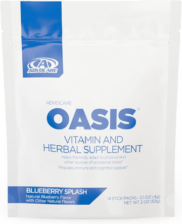 Advocare Oasis - Vitamin & Herbal Drink Mix - Includes Adaptogens, Berry Extract & B Vitamins - Supports Stress Relief & Immune Health* - Blueberry Splash, 14 Stick Packs