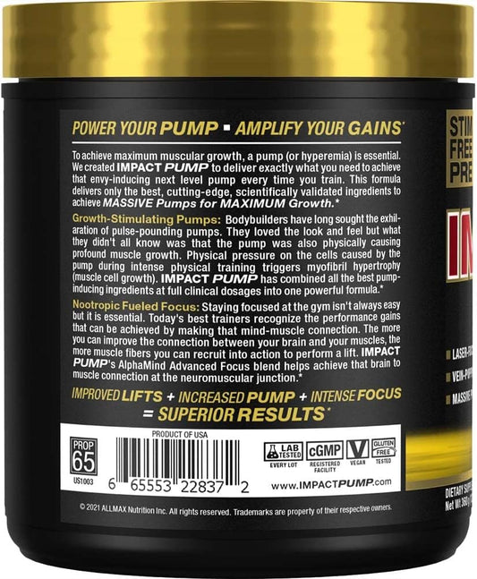 ALLMAX Impact Pump, Pineapple Mango - 360 g - Stim-Free Pre-Workout Formula - Boosts Pumps & Mind-Muscle Connection - with Citrulline Malate & Lion?s Mane - Up to 30 Servings