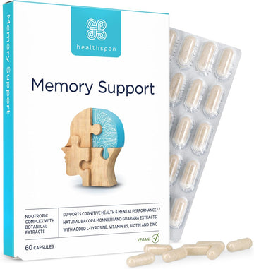 Healthspan Memory Support (60 Capsules) | Supports Your Concentration, Memory And Cognitive Health | Biotin And Zinc | Bacopa Monnieri Extract And Guarana For Alertness | Vegan