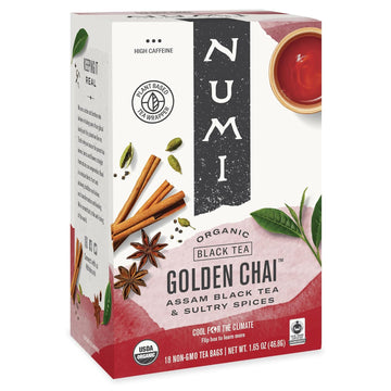 Numi Organic Golden Chai Tea, 18 Tea Bags, Assam Black Tea, Cardamom, Ginger & Anise (Packaging May Vary)