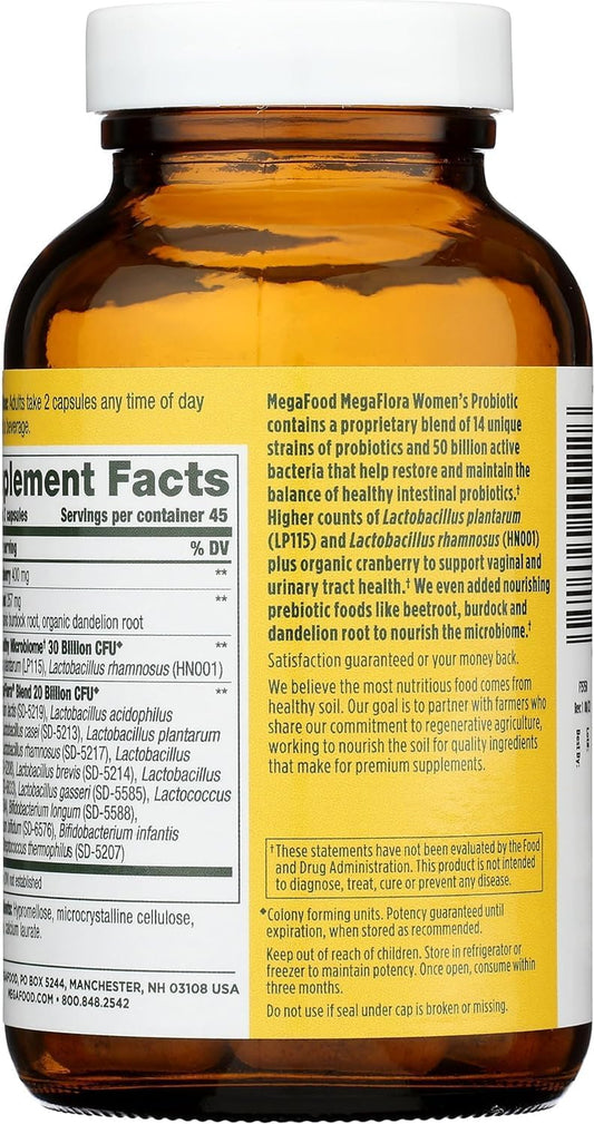 Megafood Megaflora Probiotics For Women + Prebiotics - Probiotic With 14 Strains & 50 Billion Cfus - With Cranberry - Vegan & Non-Gmo - Made Without 9 Food Allergens - 90 Caps (45 Servings)