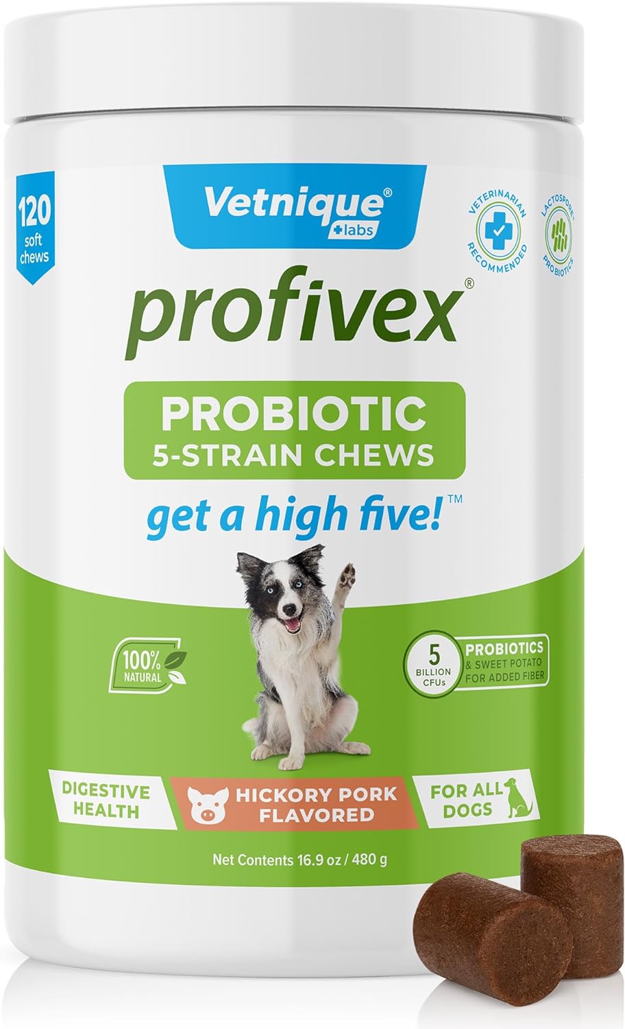 Vetnique Labs Profivex Probiotics for Dogs All Natural Dog Chews & Powder for Digestive Health Probiotic Supplements for Dogs 5 Strains of Probiotics & Prebiotics (Soft Chews, 120ct)