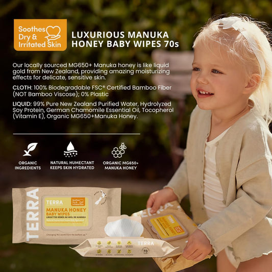 Bamboo Baby Wipes: Manuka Honey, 99.5% Pure New Zealand Water, 100% Biodegradable Bamboo Fiber, 0% Plastic, Unscented Baby Wipes For Sensitive Skin, 1 Pack Of 70 Wipes