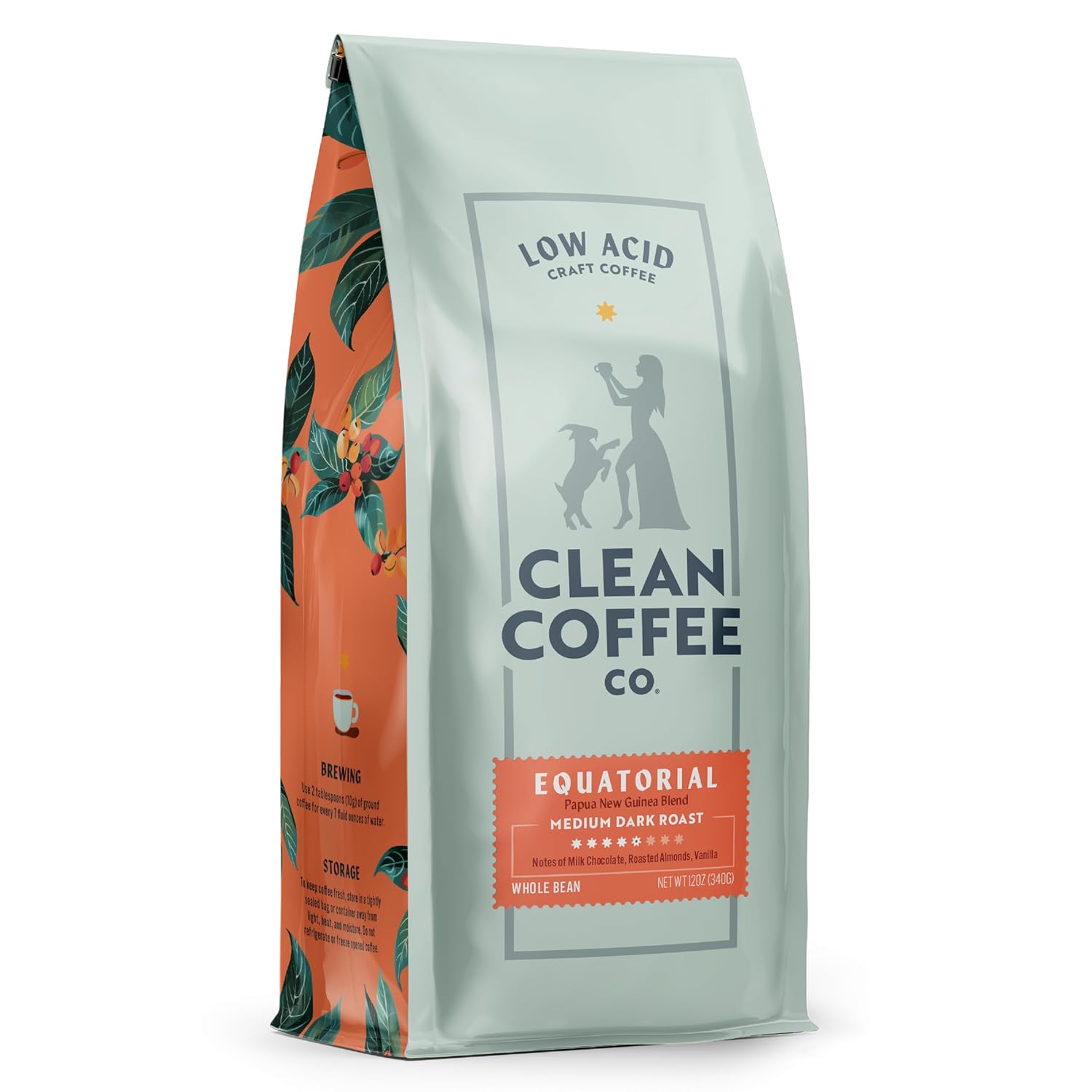 Clean Coffee Co. - Low Acid Medium-Dark Roast, Tested For Molds And Toxins, Papua New Guinea Blend, Notes Of Milk Chocolate And Roasted Almonds (Whole Bean, 12 Oz Bag)