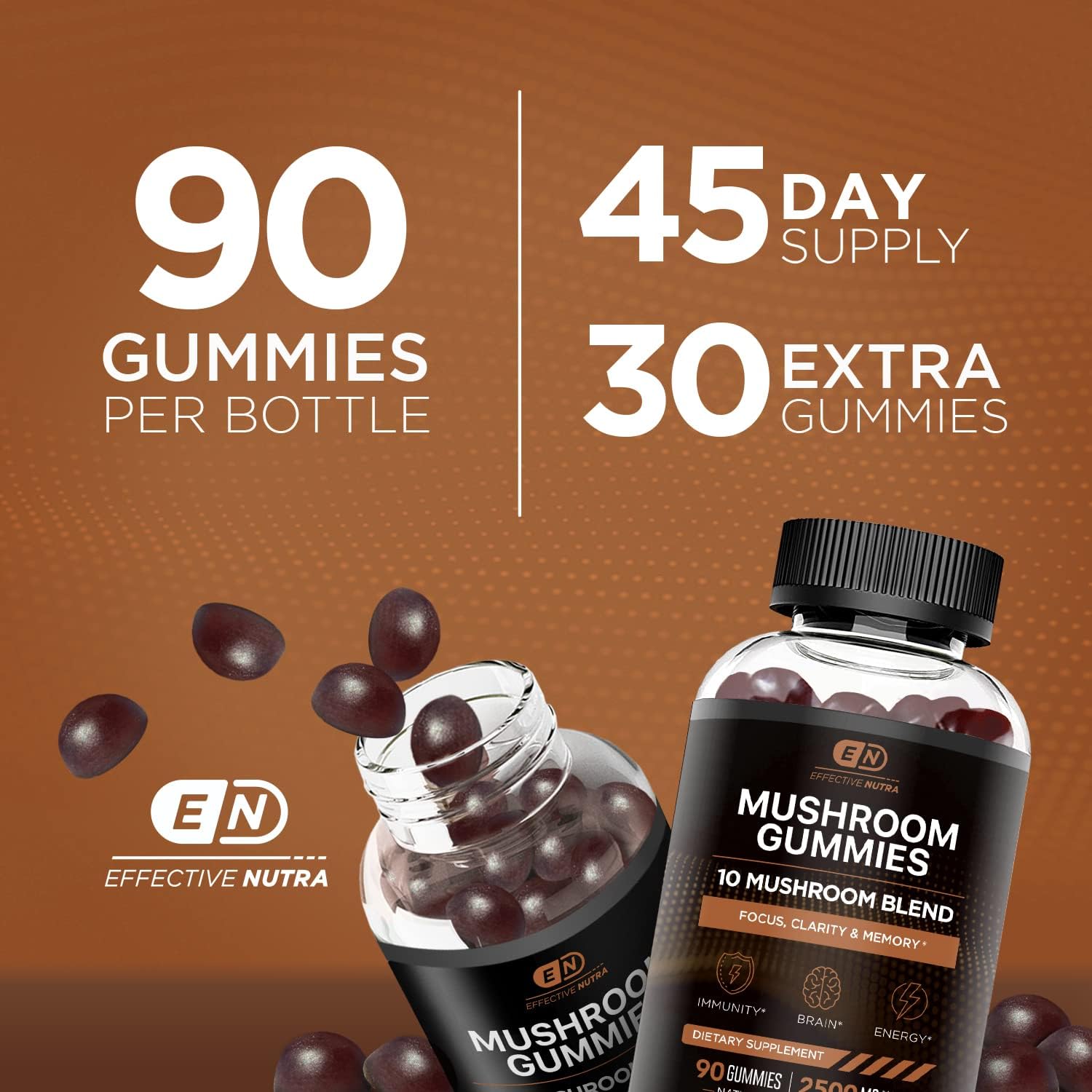 EFFECTIVE NUTRA Mushroom Gummies 10 Blend - Mushroom Complex 2500mg - Mushroom Supplement for Men & Women - Brain Booster, Immune Support, Energy 90ct (2-Pack) : Health & Household