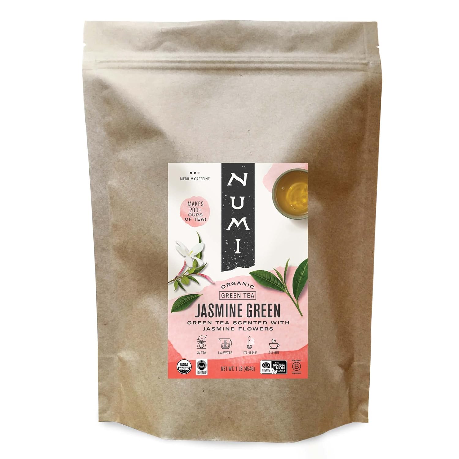 Numi Organic Jasmine Green Tea, 16 Ounce Pouch, Loose Leaf Floral Green Tea, Brews 200 Cups, Caffeinated (Packaging May Vary)