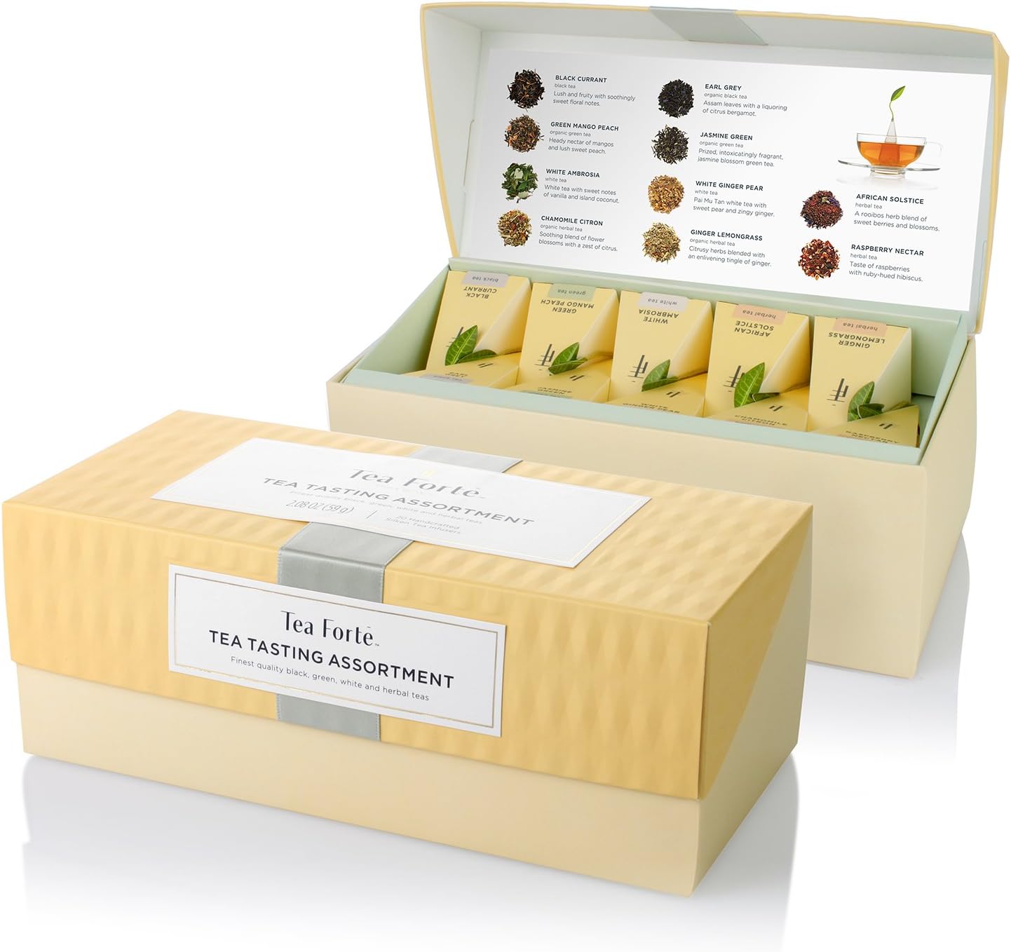 Tea Forte Tea Tasting Assortment Premium Tea Presentation Box, Tea Sampler Gift Set, 20 Count 2 Of Each Variety Individually Wrapped Handcrafted Pyramid Infuser Bags