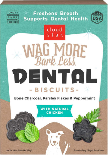 Cloud Star Wag More Bark Less Crunchy Dental Dog Treats, Chicken, Bone Charcoal, Parsley & Mint, 14 Oz. Box