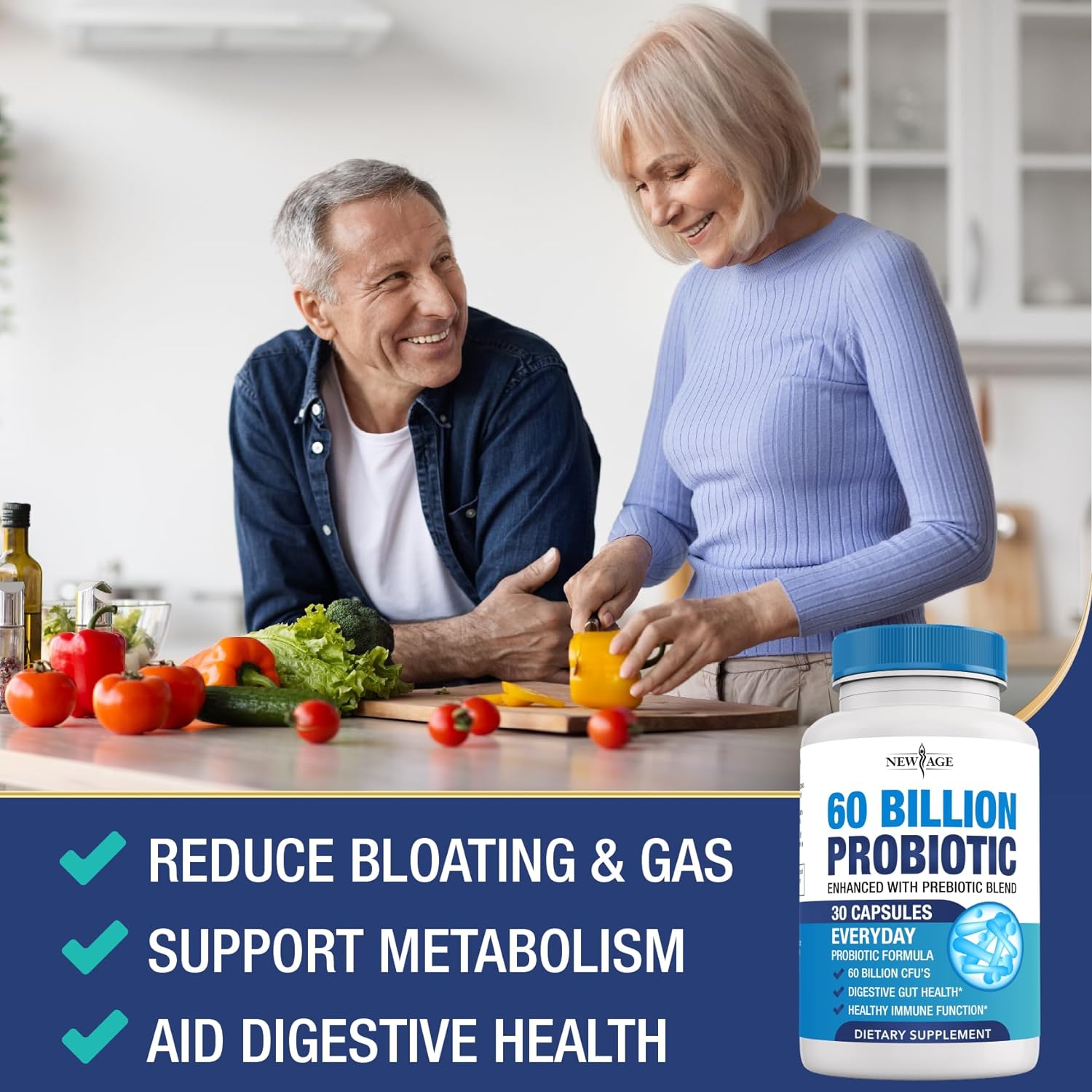 NEW AGE Probiotics 60 Billion CFU with Prebiotic Formula - Probiotics for Women and Men and Adults, 100% Natural Digestive Enzymes, Shelf Stable Probiotic Supplement Prebiotic : Health & Household