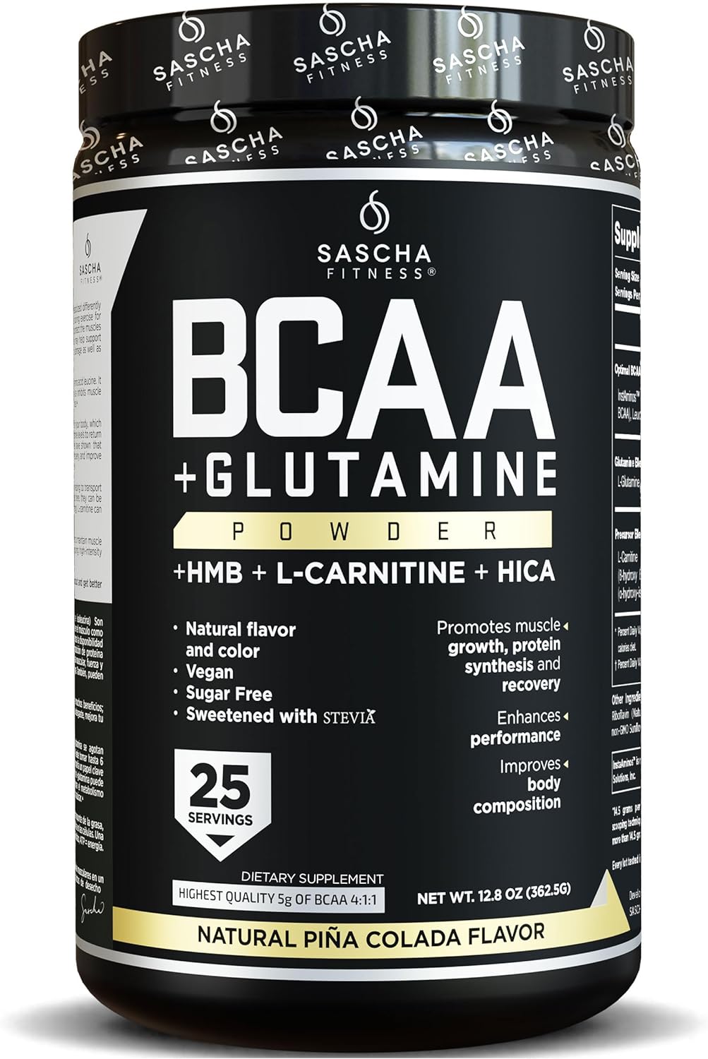 SASCHA FITNESS BCAA 4:1:1 + Glutamine, HMB, L-Carnitine, HICA | Powerful and Instant Powder Blend with Branched Chain Amino Acids (BCAAs) for Pre, Intra and Post-Workout | Natural Pi¤a Colada,362.5g