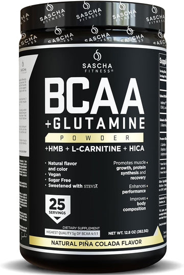 SASCHA FITNESS BCAA 4:1:1 + Glutamine, HMB, L-Carnitine, HICA | Powerful and Instant Powder Blend with Branched Chain Amino Acids (BCAAs) for Pre, Intra and Post-Workout | Natural Pi¤a Colada,362.5g